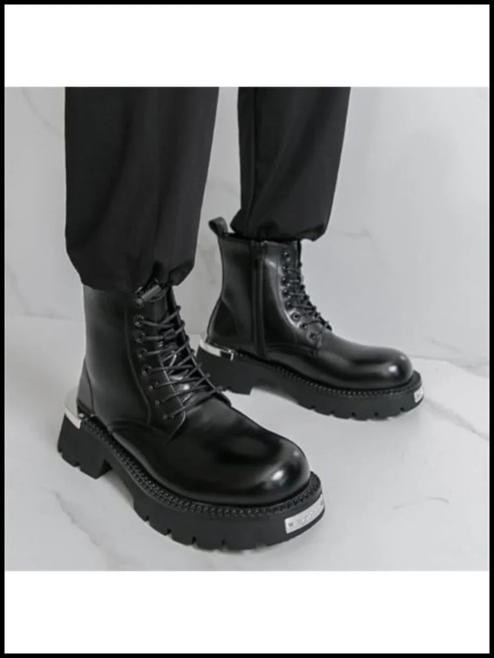 Genuine Leather Lace Up Combat Boots with Side Zipper Chunky Lug Sole Ankle